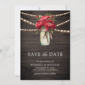 Red Peony Floral Mason Jar Barn Wood Wedding Foto Save The Date (Vorderseite)