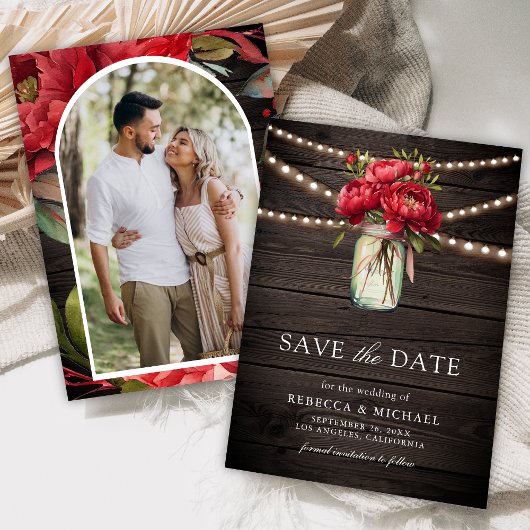 Red Peony Floral Mason Jar Barn Wood Wedding Foto Save The Date