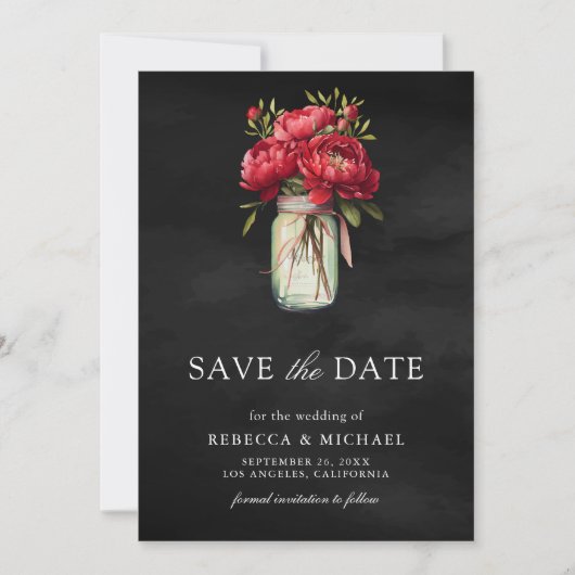 Red Peony Floral Mason Jar Black Wedding Foto Save The Date (Vorderseite)
