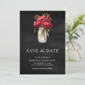 Red Peony Floral Mason Jar Black Wedding Foto Save The Date (Stehend Vorderseite)