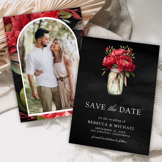 Red Peony Floral Mason Jar Black Wedding Foto Save The Date