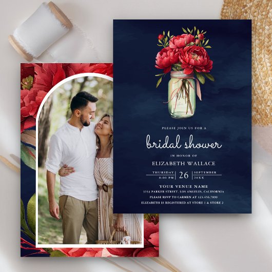 Red Peony Floral Mason Jar Navy Blue Brautparty Einladung