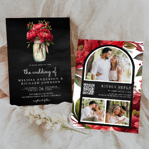Red Peony Floral Mason Jar QR Code Black Wedding Einladung