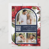 Red Peony Floral Mason Jar QR Code Blue Wedding Einladung (Rückseite)