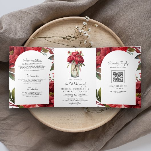 Red Peony Floral Mason Jar QR Code Hochzeit Dreifach Gefaltete Einladung