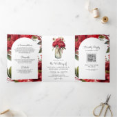 Red Peony Floral Mason Jar QR Code Hochzeit Dreifach Gefaltete Einladung (Innenseite)