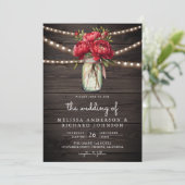 Red Peony Floral Mason Jar QR Code Hochzeit Holz Einladung (Stehend Vorderseite)