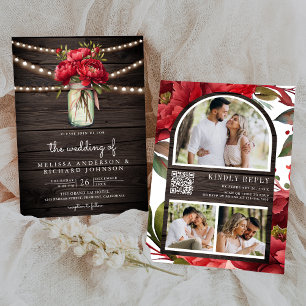 Red Peony Floral Mason Jar QR Code Hochzeit Holz Einladung