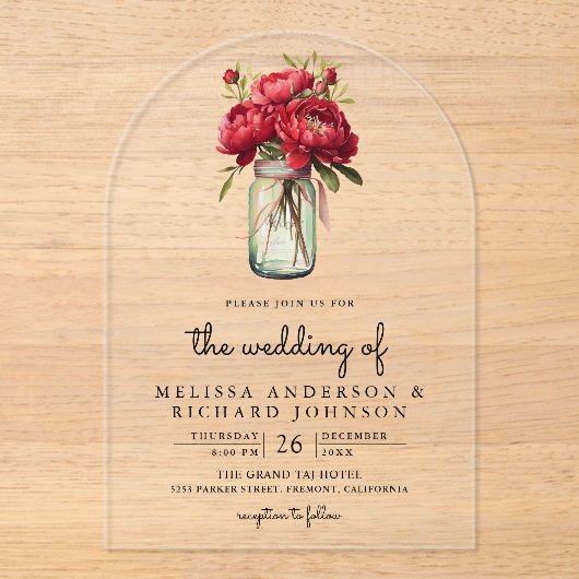Red Peony Floral Mason Jar Wedding Acryleinladungen (Vorderseite)