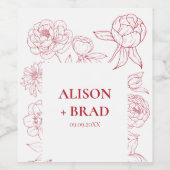 Red Peony Line Zeichnend Einladung zur Hochzeit, D Weinetikett (Einzelnes Label)