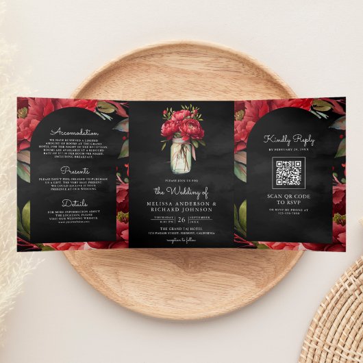 Red Peony Mason Jar QR Kodex Hochzeit Dreifach Gefaltete Einladung