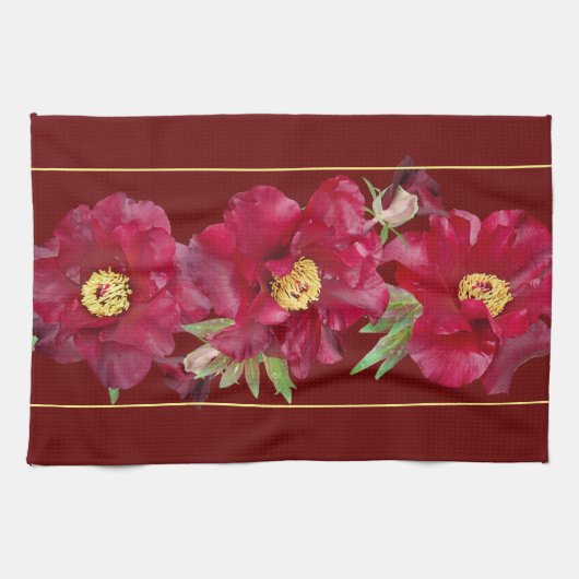 Red Peony mit Foliage auf dunkelrotem Hintergrund Geschirrtuch (Horizontal)