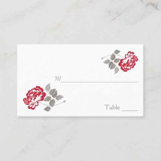 Red Peony on White mit Taupe Placecards Platzkarte (Vorderseite)