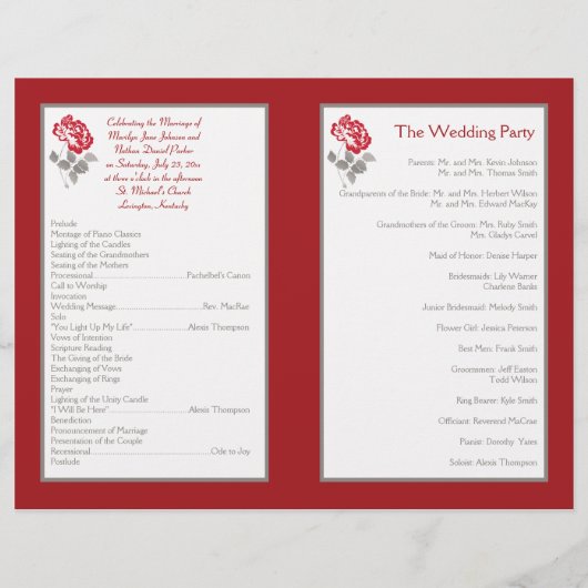 Red Peony on White mit Taupe Wedding Program (Rückseite)
