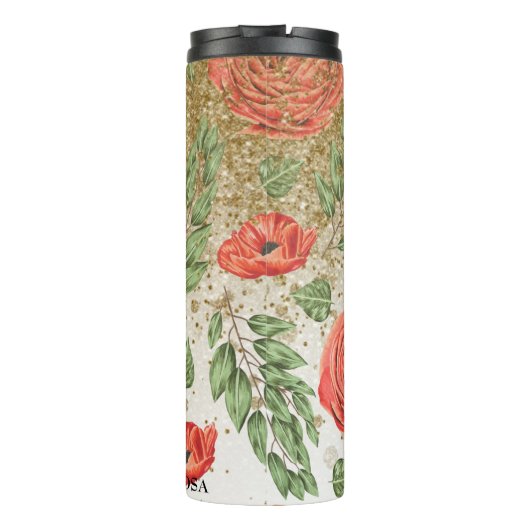 *~* Red PEONY POPPY Gold Glitzer Floral Thermosbecher (Rückseite)