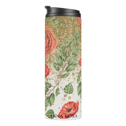 *~* Red PEONY POPPY Gold Glitzer Floral Thermosbecher (Nach rechts gedreht)