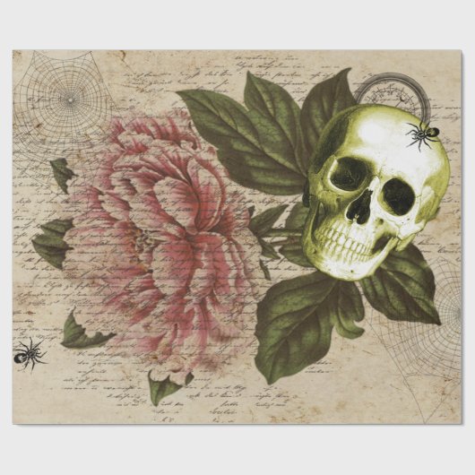 Red Peony Steampunk Skull Ephemera Geschenkpapier (Flach)