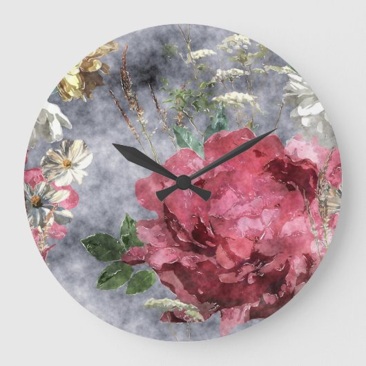 Red Peony Watercolor Floral Pattern Große Wanduhr (Vorderseite)
