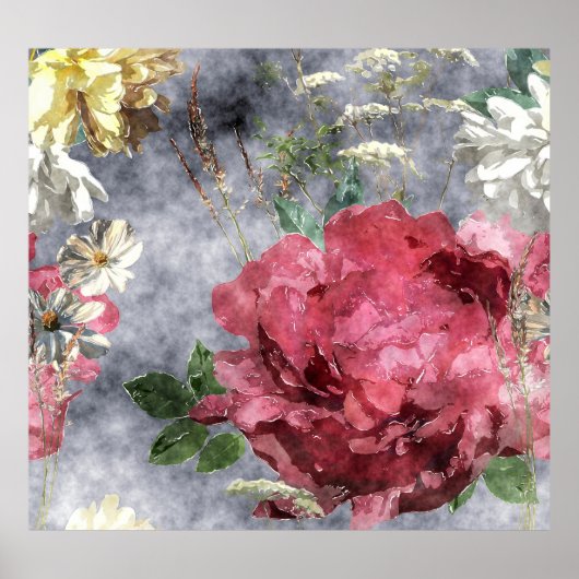Red Peony Watercolor Floral Pattern Poster (Vorne)