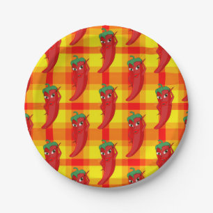 Red Pepper Diva Orange Gelbes Kariertes Muster Pappteller