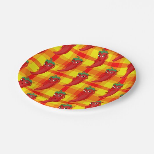 Red Pepper Diva Orange Gelbes Kariertes Muster Pappteller (Schrägansicht)