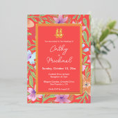 Red Peranakan floral doppelxi Chinesische Hochzeit Folieneinladung (Stehend vorne)