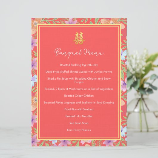 Red Peranakan floral doppelxi Chinesische Hochzeit Menükarte (Stehend Vorderseite)