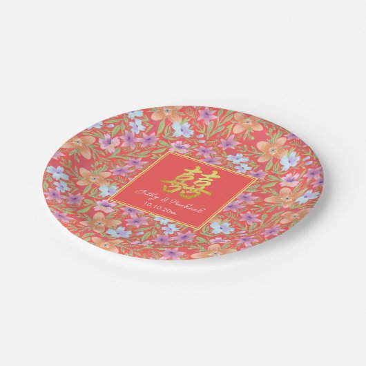 Red Peranakan floral doppelxi Chinesische Hochzeit Pappteller (Schrägansicht)