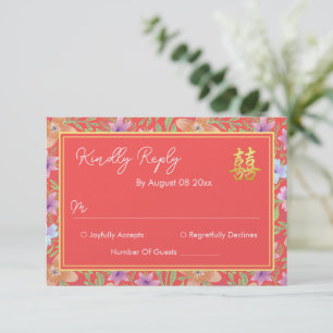 Red Peranakan floral doppelxi Chinesische Hochzeit RSVP Karte