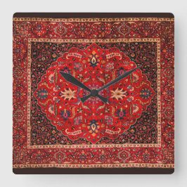 Red Persian Rug aus Mashhad Quadratische Wanduhr