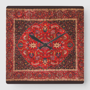 Red Persian Rug aus Mashhad Quadratische Wanduhr