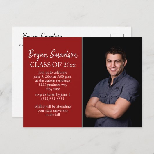 Red Personalisiert Foto Graduation Party Postkarte (Vorne/Hinten)