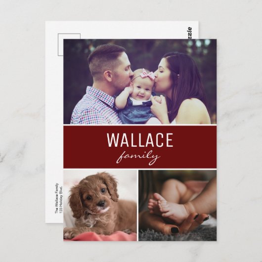 Red Personalisiert Photo Collage Weihnachten Postkarte (Vorne/Hinten)