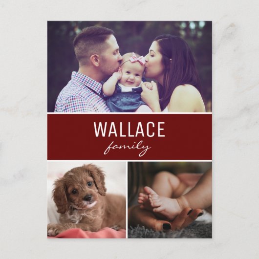 Red Personalisiert Photo Collage Weihnachten Postkarte (Vorderseite)