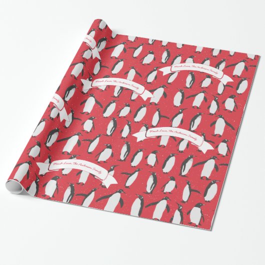 Red Personalisiert Pinguin Pattern Geschenkpapier (Ungerollt)