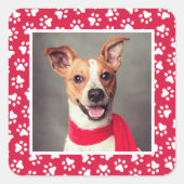 Red Pet Dog Paw Print Pattern Holiday Foto Quadratischer Aufkleber (Vorderseite)