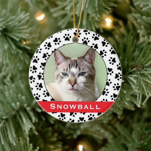 Red Pet Paw druckt Personalisiertes Cat Name Foto Keramik Ornament (Baum)