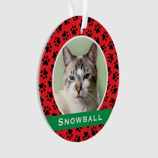 Red Pet Paw druckt Personalisiertes Cat Name Foto Ornament (Vorderseite)