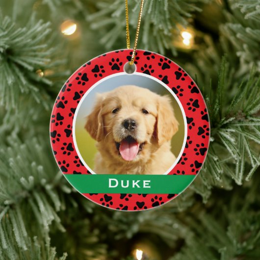 Red Pet Paw druckt Personalisiertes Dog Name Foto Keramik Ornament (Baum)