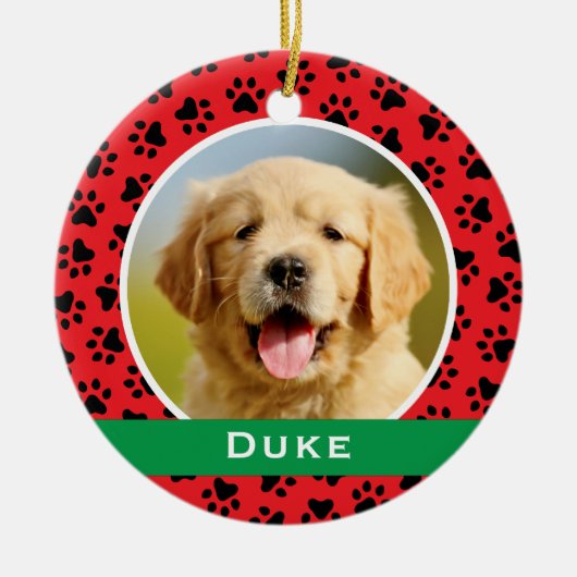 Red Pet Paw druckt Personalisiertes Dog Name Foto Keramik Ornament (Vorne)