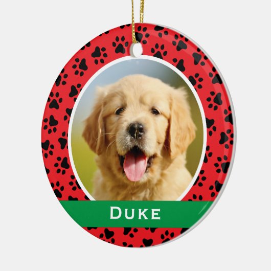 Red Pet Paw druckt Personalisiertes Dog Name Foto Keramik Ornament (Links)