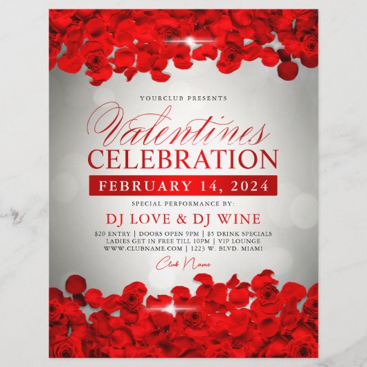 Red Petals & Rose Gray Bokeh Valentine's Club Flyer (Vorne)