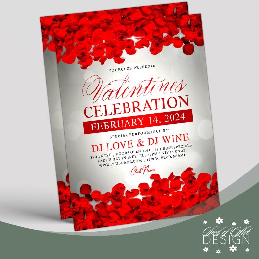 Red Petals & Rose Gray Bokeh Valentine's Club Flyer