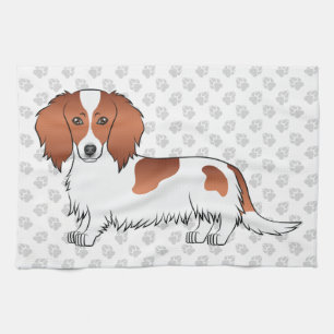 Red Piebald Long Hair Dackel Cartoon Dog & Paws Geschirrtuch