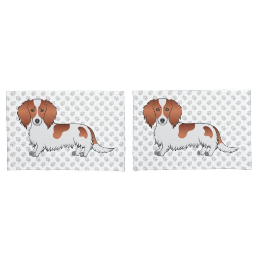 Red Piebald Long Hair Dackel Cartoon Dog & Paws Kissenbezug (Vorderseite-Set)