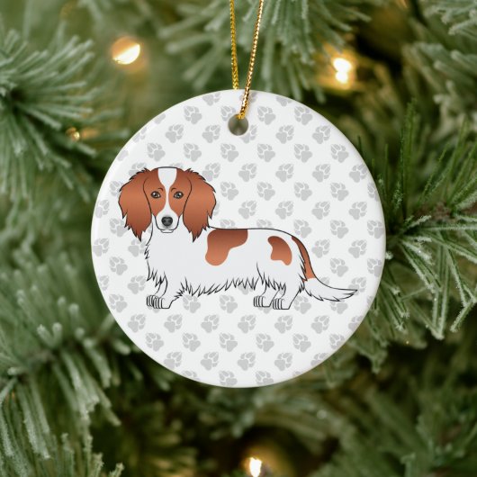 Red Piebald Long Hair Dackel Cartoon Dog & Text Keramik Ornament (Baum)