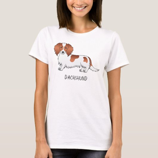 Red Piebald Long Hair Dackel Cartoon Dog & Text T-Shirt (Vorderseite)