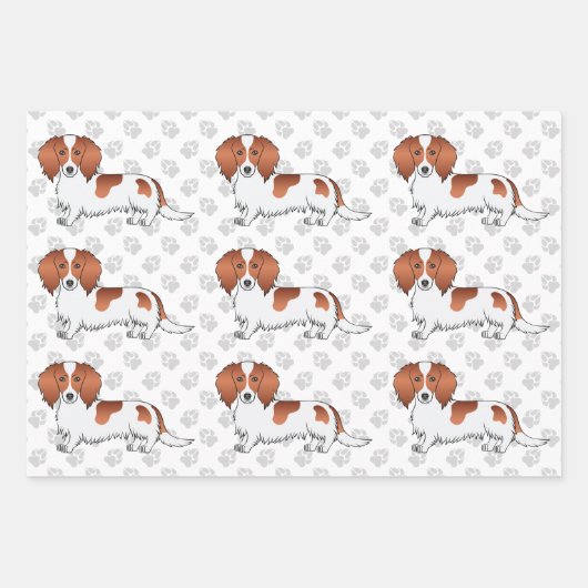 Red Piebald Long Hair Dackel Dog Pattern & Paws Geschenkpapier Set (Vorderseite 3)