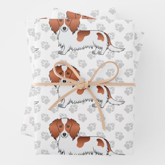 Red Piebald Long Hair Dackel Dog Pattern & Paws Geschenkpapier Set (Beispiel)