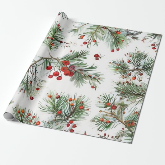 Red Pine & Berries Design Geschenkpapier (Ungerollt)